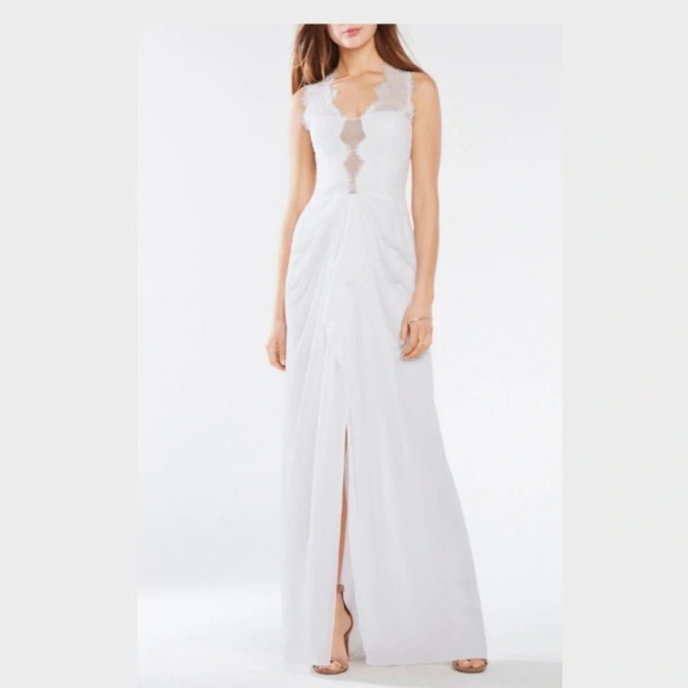Bcbgmaxazria Brandy White Lace Illusion V-Neck Maxi Gown Dress Size 0